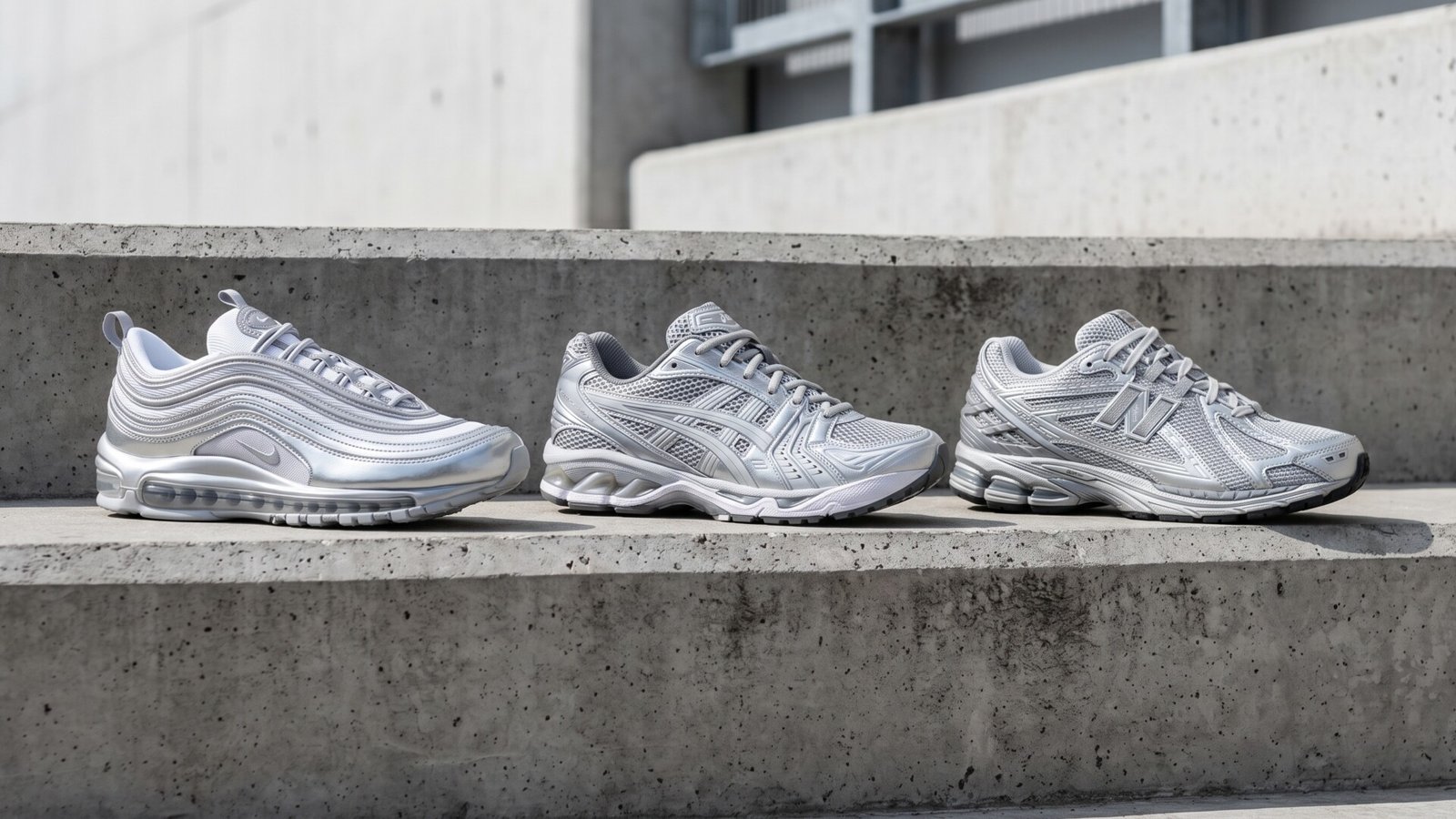 Three metallic silver sneakers from Nike, ASICS, and New Balance arranged in a row on concrete stairs