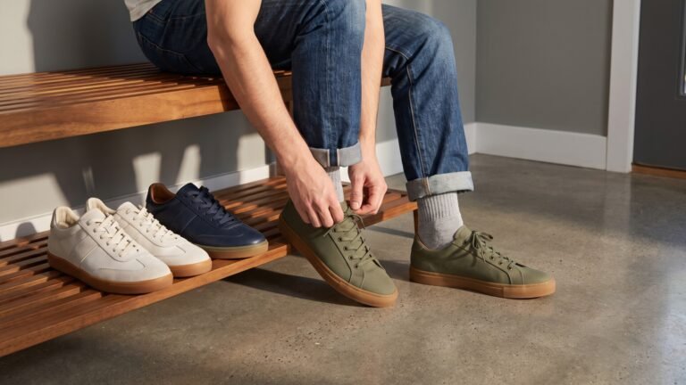 Person tying minimalist green sneakers beside white and navy casual shoes on a wooden entryway bench