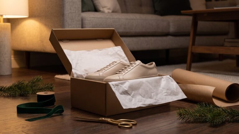 Minimalist beige leather sneakers in an open cardboard gift box surrounded by wrapping paper and pine sprigs
