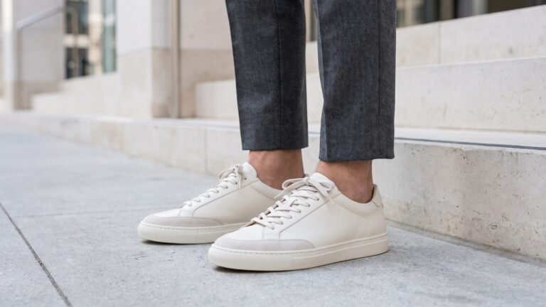 Person wearing sleek off-white low-top leather sneakers paired with tailored grey trousers outdoors