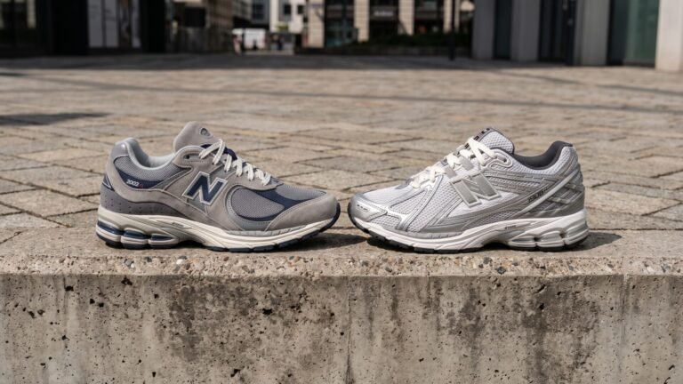 Grey New Balance 2002R and silver New Balance 1906R sneakers resting side-by-side on a stone ledge