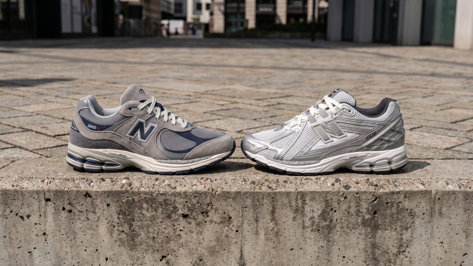 Grey New Balance 2002R and silver New Balance 1906R sneakers resting side-by-side on a stone ledge