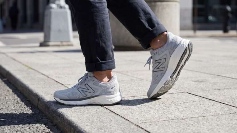 Grey New Balance 680v9 running shoes worn while stepping along a paved city sidewalk