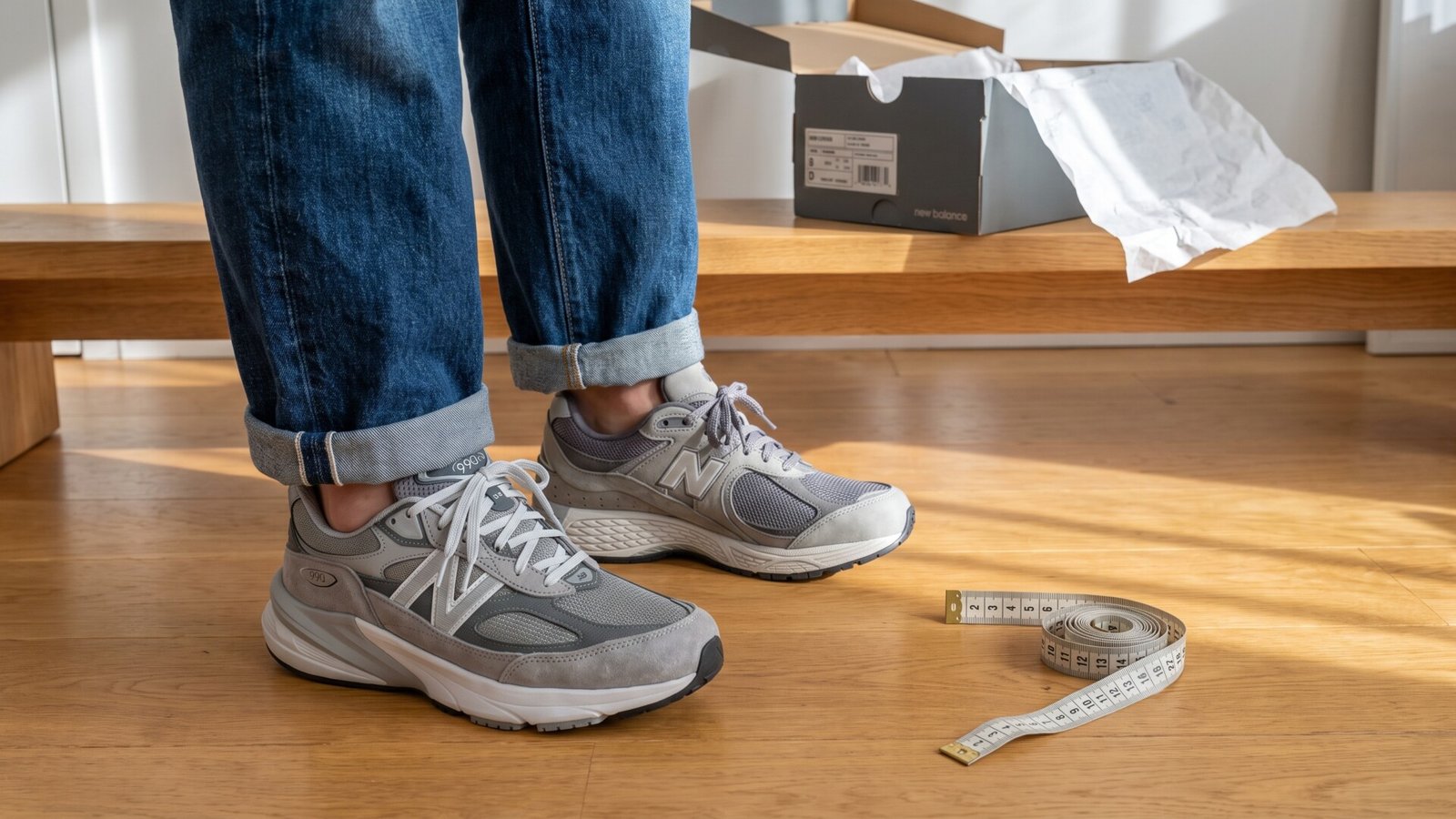 Person wearing a grey New Balance 990v6 on one foot and a 2002R on the other, next to a measuring tape