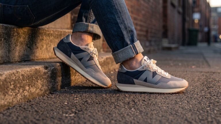 Grey and navy New Balance 237 sneakers worn with cuffed jeans on urban concrete steps