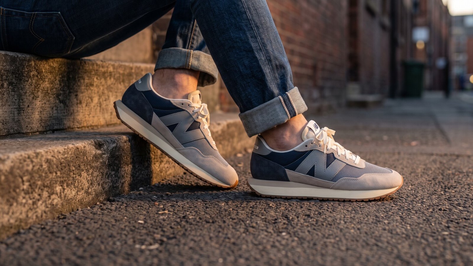 Grey and navy New Balance 237 sneakers worn with cuffed jeans on urban concrete steps