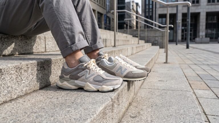 Person wearing grey New Balance 9060 sneakers next to a classic 574 pair on outdoor stone steps