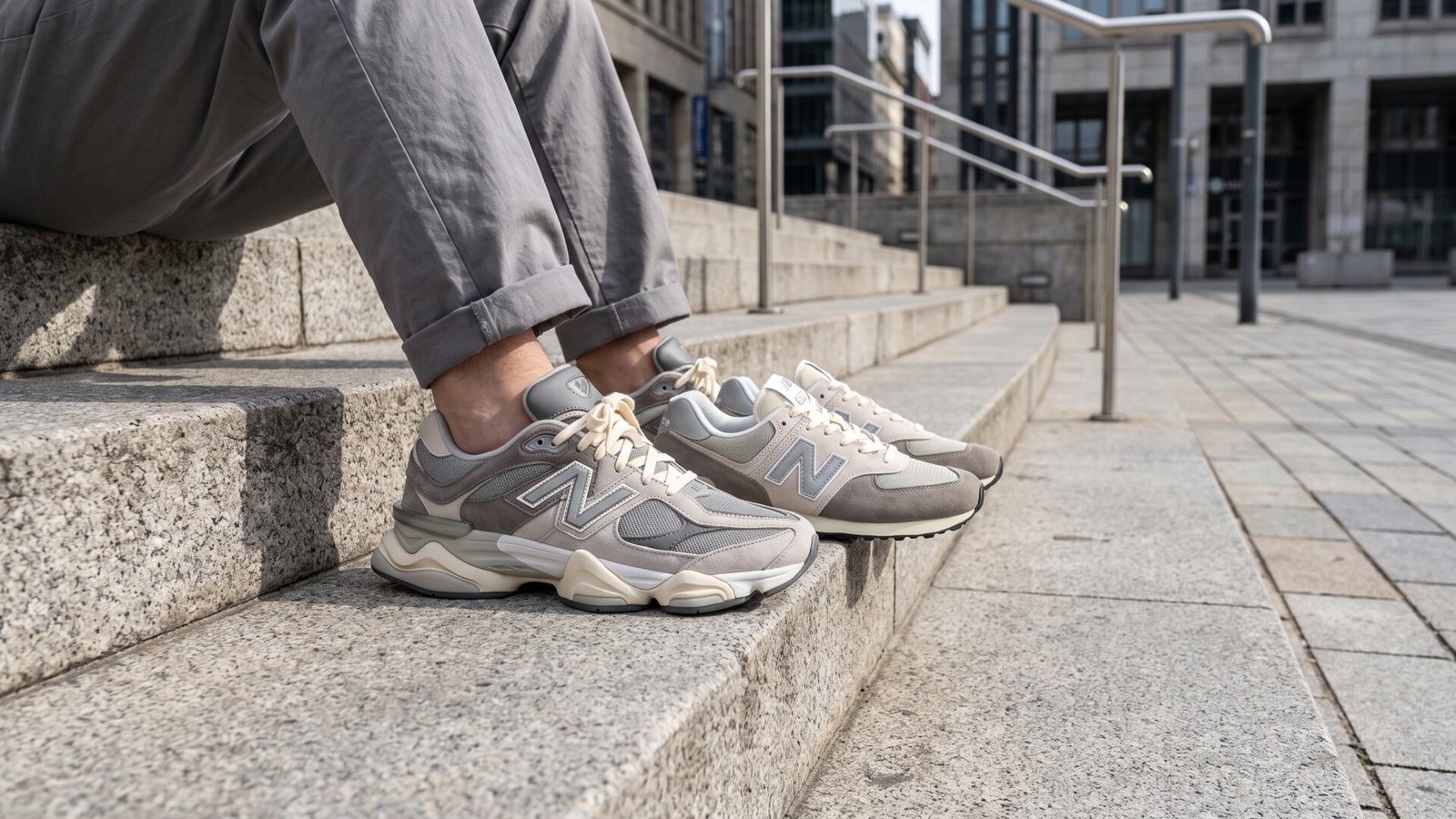 Person wearing grey New Balance 9060 sneakers next to a classic 574 pair on outdoor stone steps