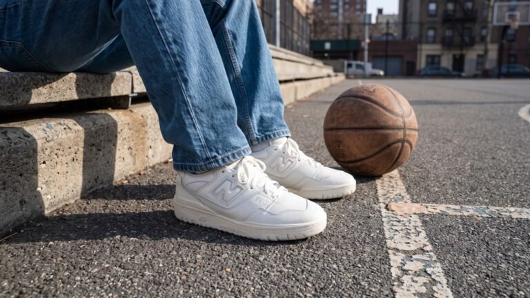 White New Balance 550 sneakers worn with blue jeans next to a worn basketball on an asphalt court