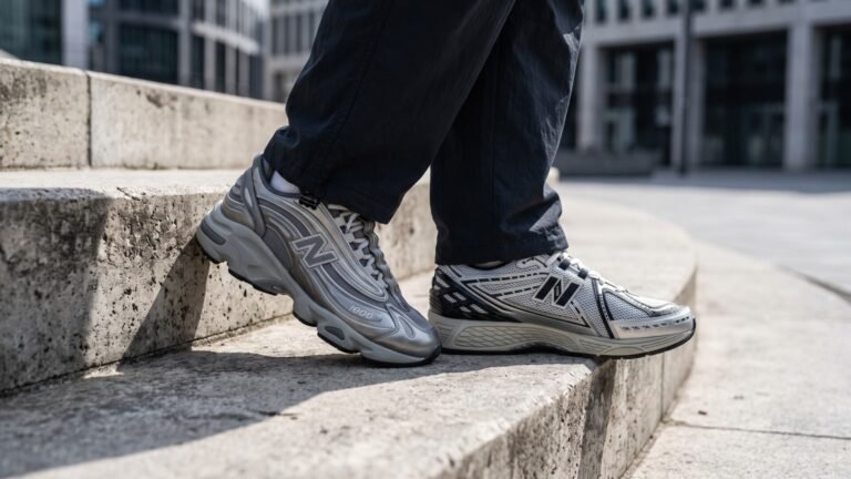 Side by side on-foot comparison of the silver New Balance 1000 and 1906R sneakers on stone steps