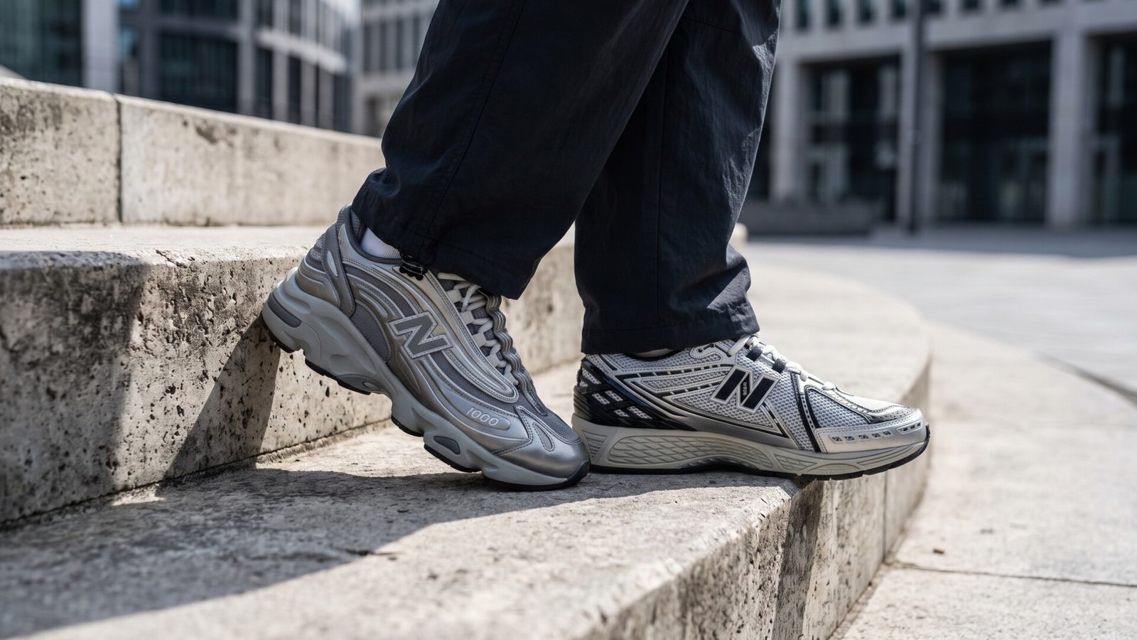 Side by side on-foot comparison of the silver New Balance 1000 and 1906R sneakers on stone steps
