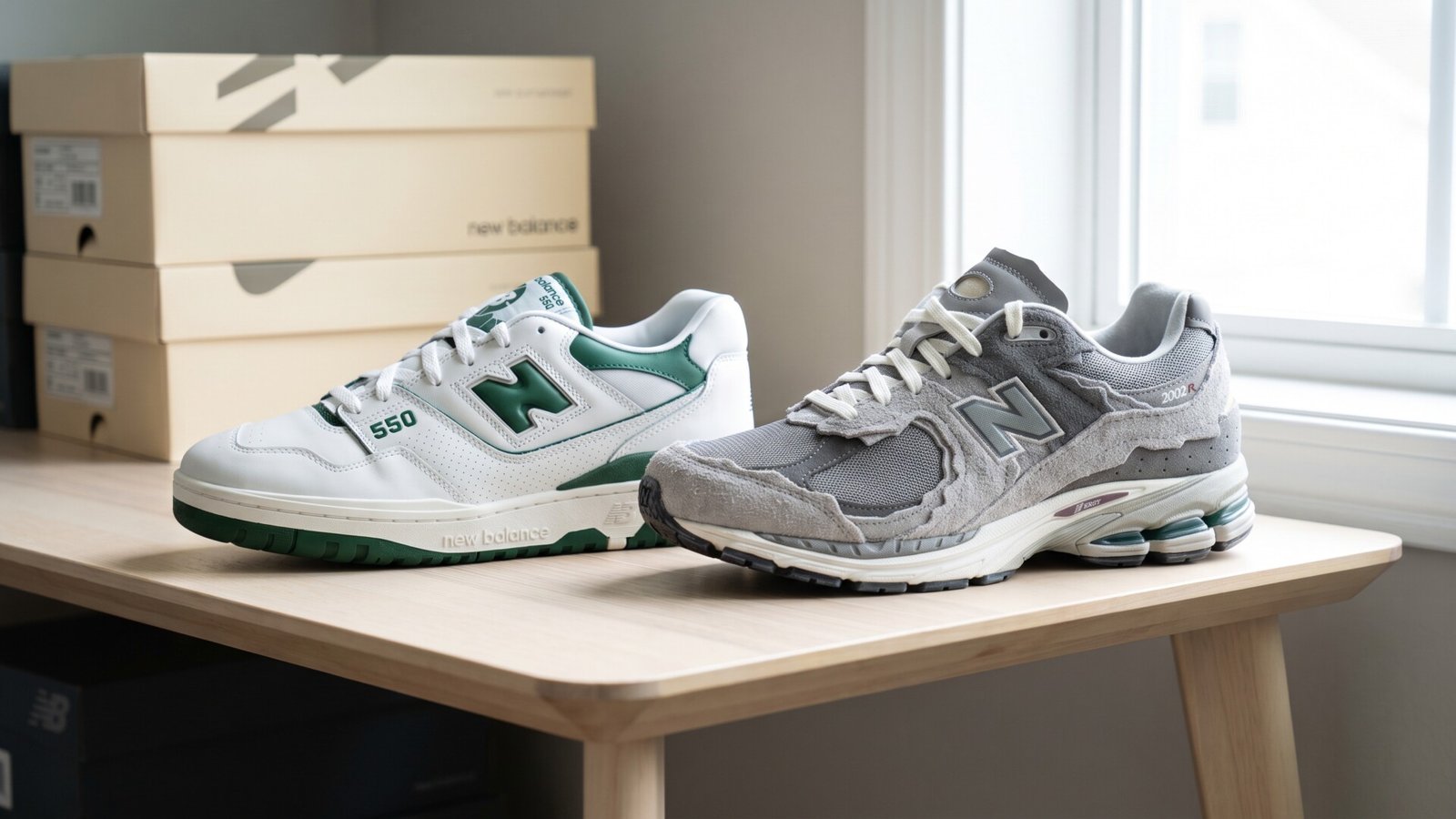 White and green New Balance 550 next to a grey New Balance 2002R sneaker on a wooden table