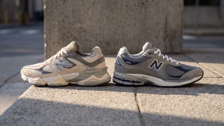 Side profile of New Balance 9060 and 2002R sneakers resting together on an urban concrete ledge