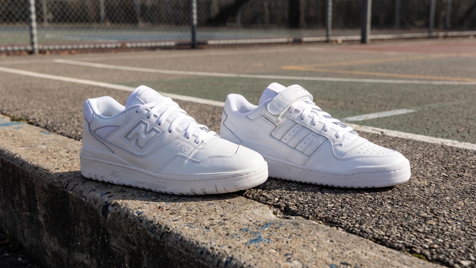 All-white New Balance 550 and Adidas Forum Low sneakers placed side by side on an outdoor concrete court