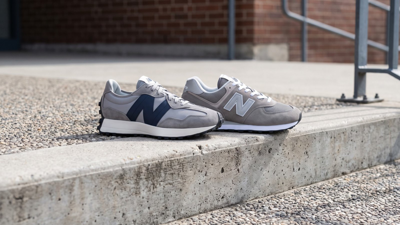 Grey New Balance 327 and classic 574 sneakers resting side by side on an outdoor concrete step