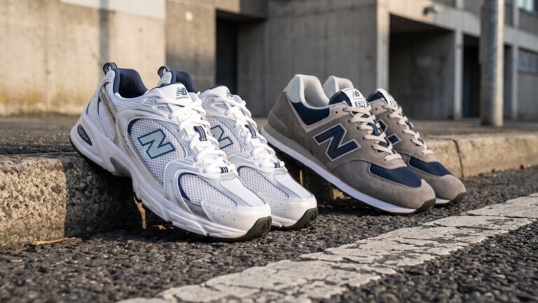 White New Balance 530 running shoes next to grey suede New Balance 574 classic sneakers on an urban curb