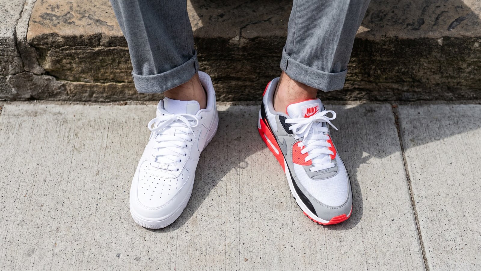 Top-down view comparing a white Nike Air Force 1 and an Air Max 90 Infrared worn on opposite feet