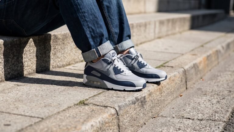 Grey and navy Nike Air Max sneakers worn with cuffed denim jeans on outdoor stone steps