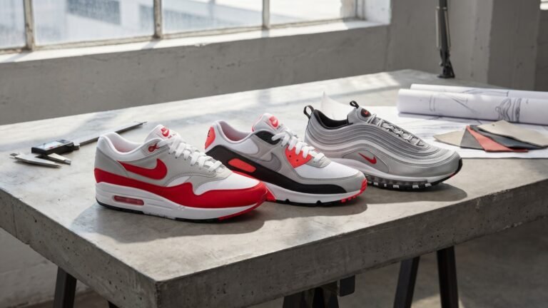 Three classic Nike Air Max models including Air Max 1, 90, and 97 displayed on a concrete studio workbench