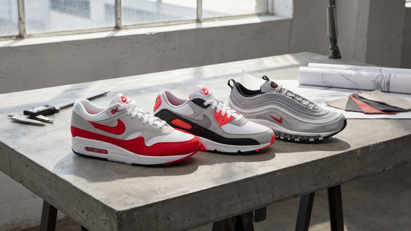 Three classic Nike Air Max models including Air Max 1, 90, and 97 displayed on a concrete studio workbench
