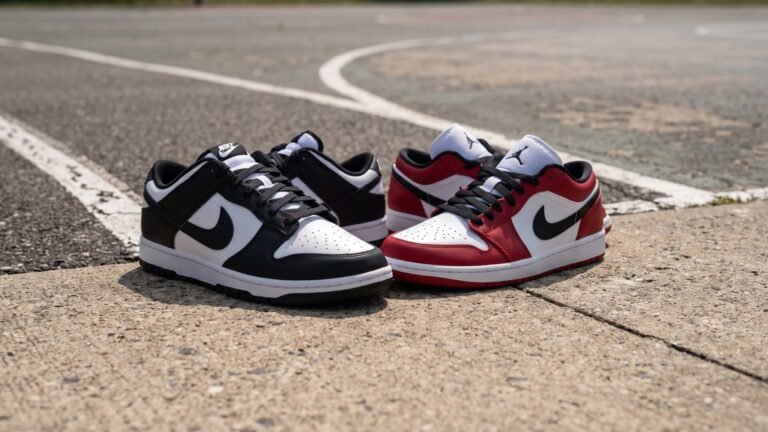 Nike Dunk Low Panda and Air Jordan 1 Low Chicago sneakers side by side on an outdoor basketball court