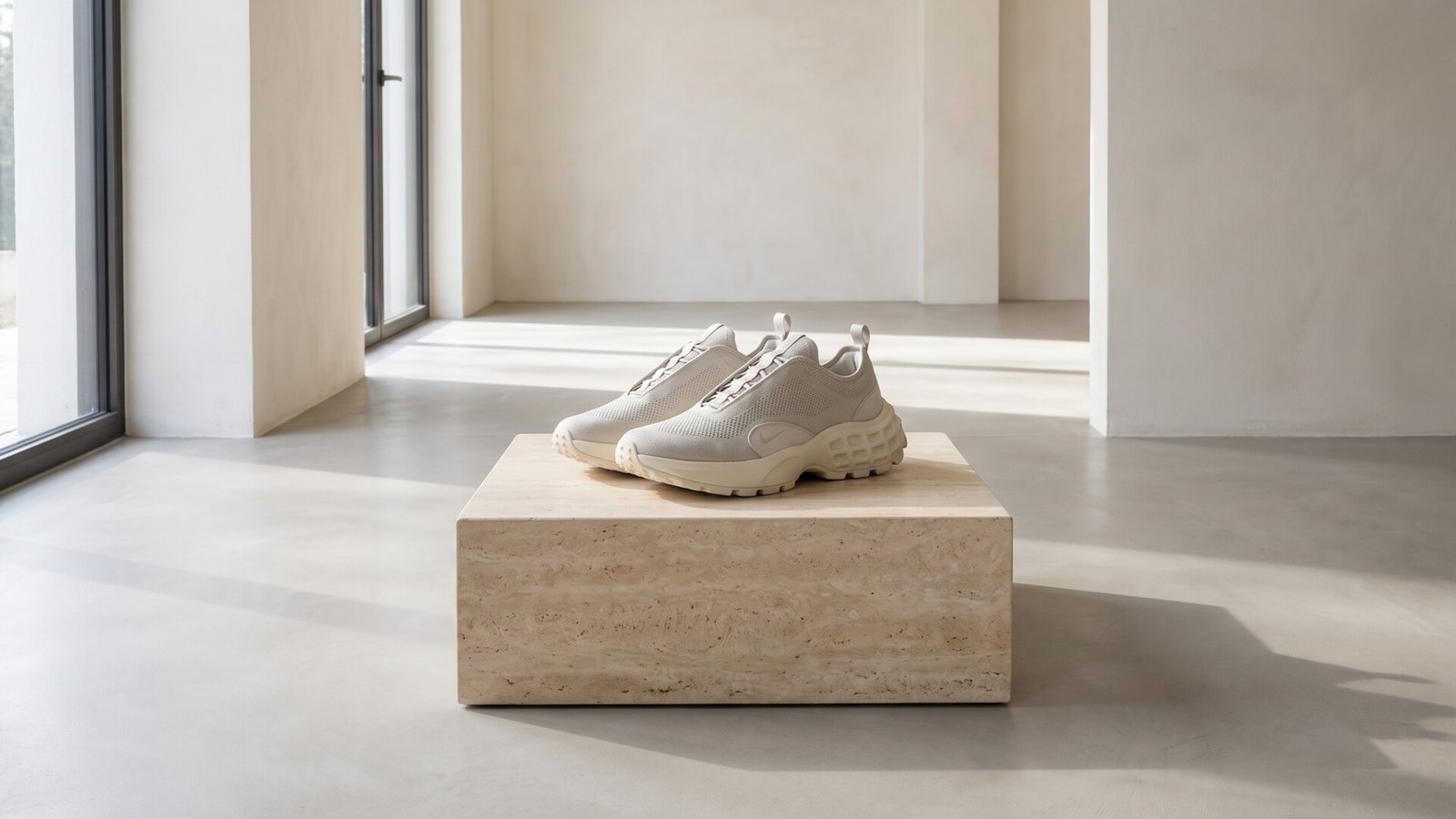 Cream Nike x Jacquemus sneakers displayed on a low travertine plinth inside a sunlit minimalist gallery space