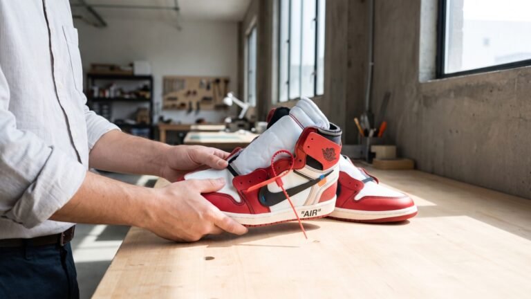 Off-White Nike Air Jordan 1 Chicago sneaker with red zip tie held over a wooden workbench