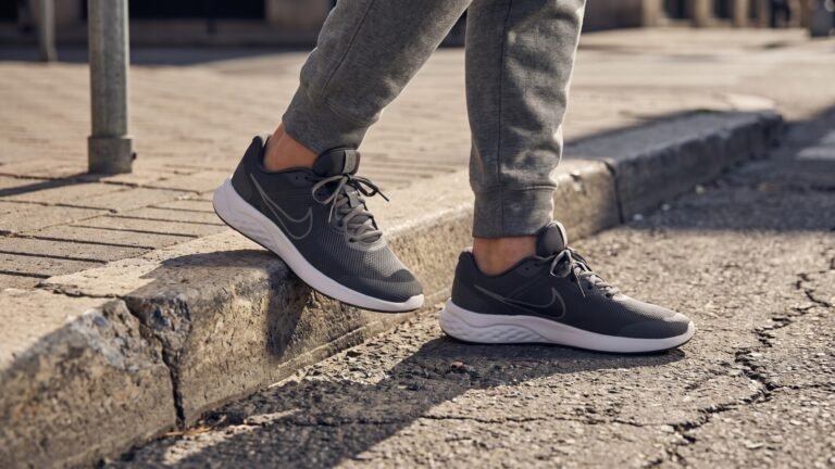 Person wearing grey Nike Revolution running sneakers stepping off a sidewalk curb into the street