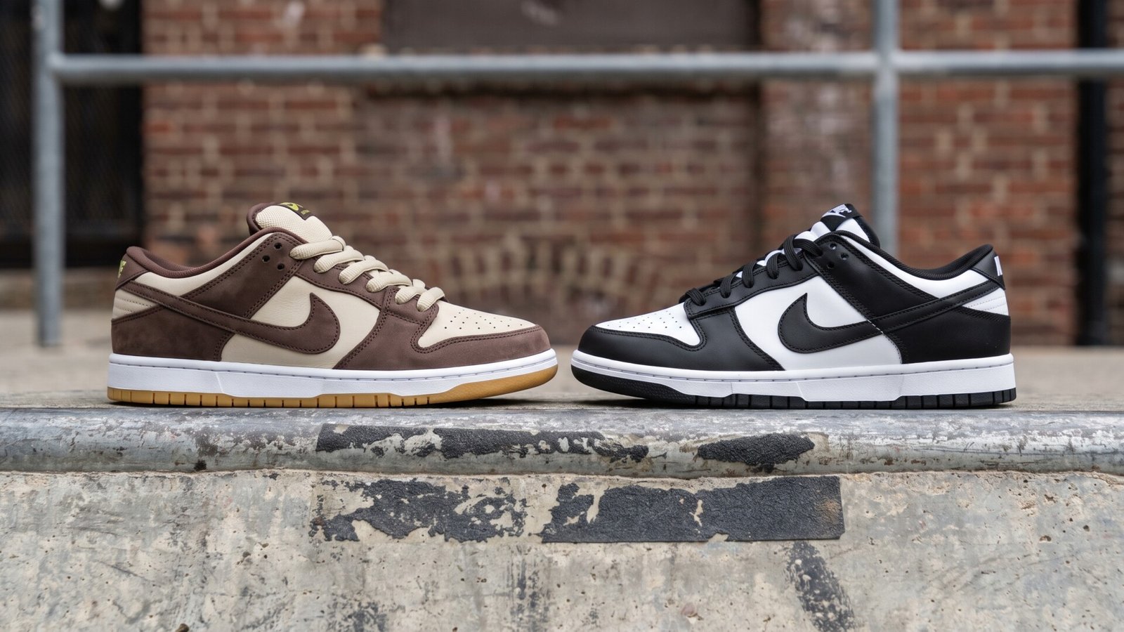 Nike SB Dunk Low in brown and tan facing a black and white Nike Dunk Low on a concrete ledge