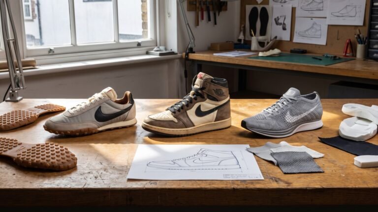 Three Nike sneakers including a Waffle runner, Air Jordan 1, and Flyknit Racer displayed on a wooden workshop desk