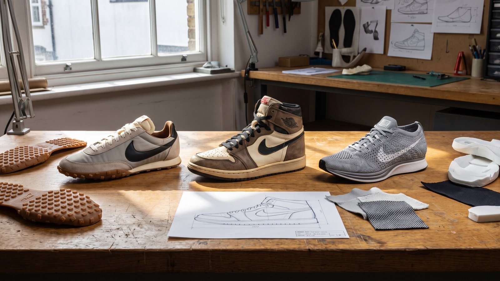 Three Nike sneakers including a Waffle runner, Air Jordan 1, and Flyknit Racer displayed on a wooden workshop desk