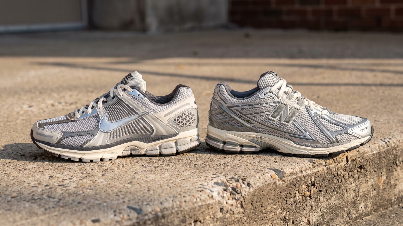 Nike Zoom Vomero 5 and New Balance 1906R sneakers side by side on a concrete curb