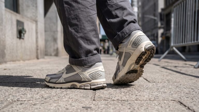 Low angle view of Nike Zoom Vomero 5 sneakers worn on foot while walking along a paved city sidewalk