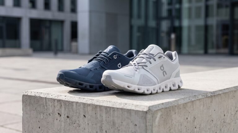 Navy and light grey On Cloud running shoes side by side on an outdoor concrete ledge