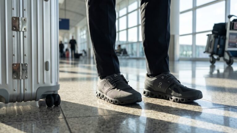 Traveler wearing black On Cloud sneakers standing next to a silver suitcase in a bright airport terminal