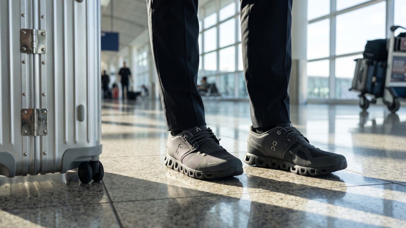 Traveler wearing black On Cloud sneakers standing next to a silver suitcase in a bright airport terminal
