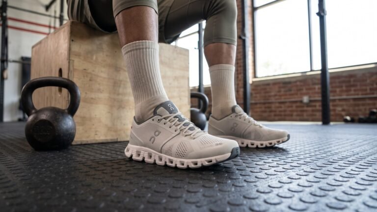 Person wearing On Cloud X training shoes seated on a wooden plyometric box in a gym
