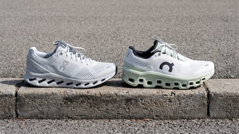 Side profile comparison of the On Cloudsurfer and On Cloudmonster shoes sitting on a concrete curb