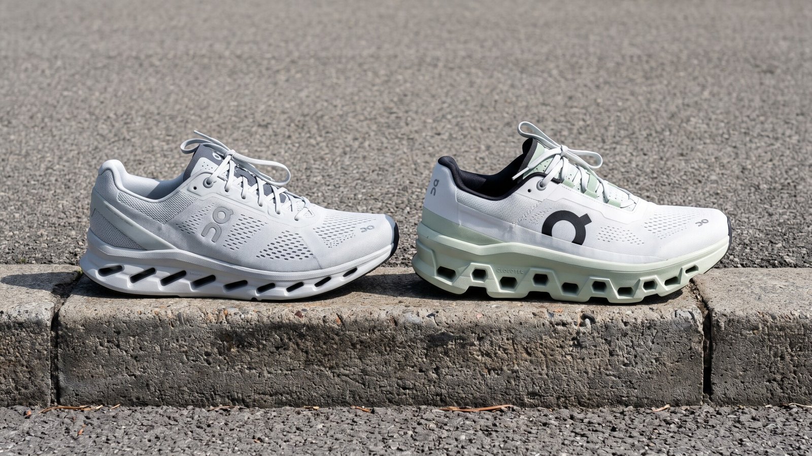 Side profile comparison of the On Cloudsurfer and On Cloudmonster shoes sitting on a concrete curb