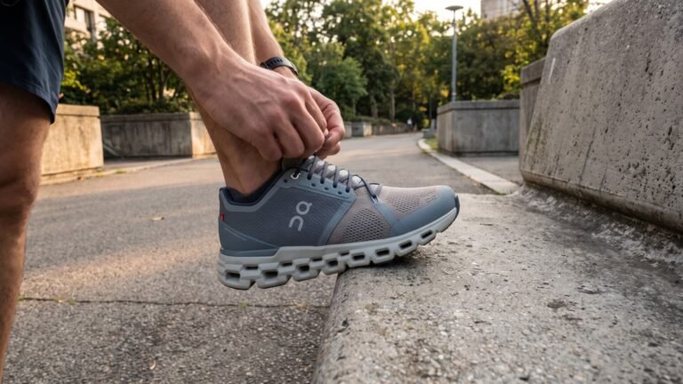 Runner tying laces of grey On running shoes resting foot on a park concrete bench