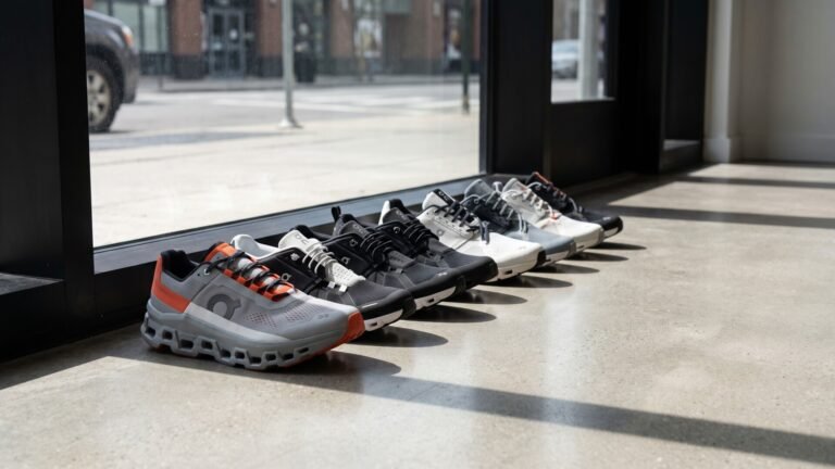Row of various On running sneaker models lined up on a concrete floor next to a sunny window