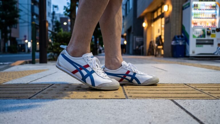 Person wearing classic white Onitsuka Tiger Mexico 66 sneakers walking on an urban sidewalk