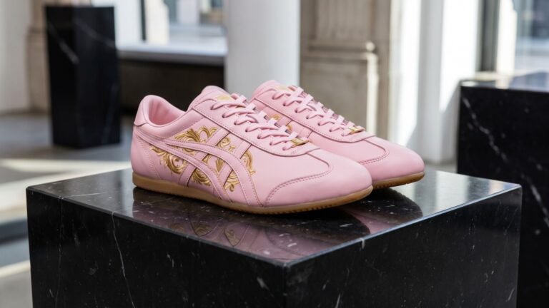 Pink Onitsuka Tiger x Versace Tai-Chi Sakura sneakers with gold baroque embroidery on a black marble pedestal