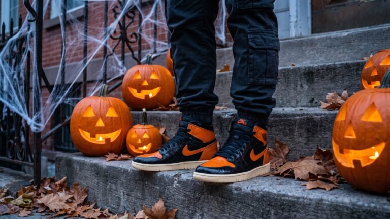 Person wearing orange and black high-top sneakers on stone steps surrounded by glowing jack-o'-lanterns