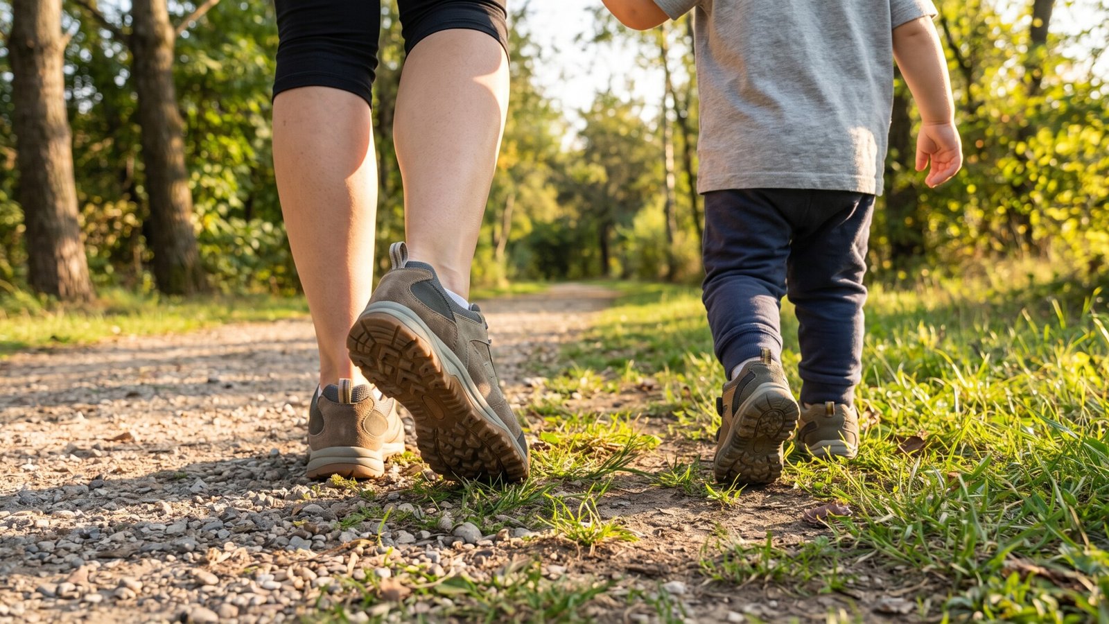 Adult and toddler wearing rugged walking sneakers while strolling down a gravel park trail