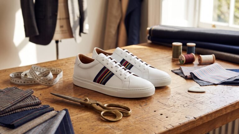 White leather sneakers with colorful signature stripes resting on a tailor's wooden workbench with shears and fabrics