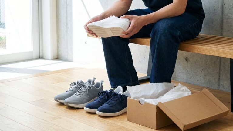 Person seated on a bench inspecting the sole of a white sneaker next to other casual shoes and a shoebox