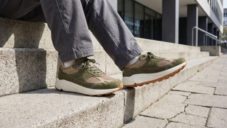 Person wearing olive green and tan suede sneakers with thick cushioned midsoles while seated on concrete city steps