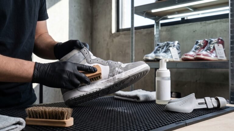 Sneaker specialist scrubbing a grey high-top sneaker with foam and a brush at a professional cleaning workshop