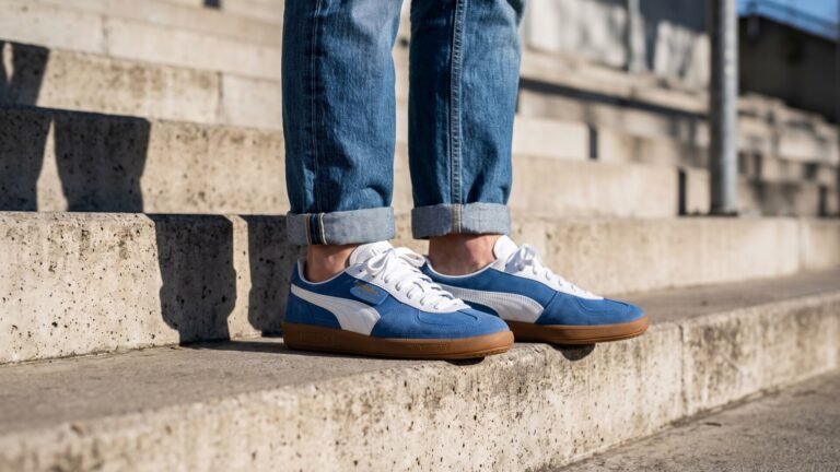 Blue suede Puma Palermo sneakers with gum soles styled with cuffed denim jeans on concrete steps